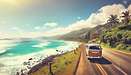 Minibus seen travelling on beach road. Travel concept.