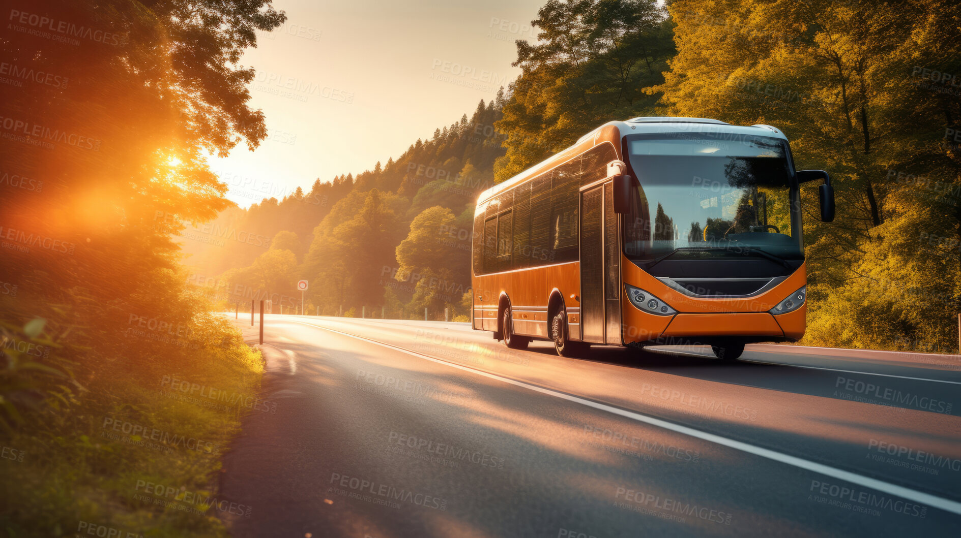 Buy stock photo Tourist bus seen travelling through scenic street. Lush green trees. Travel concept.