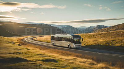 Tourist bus seen travelling through Countryside. Travel concept.