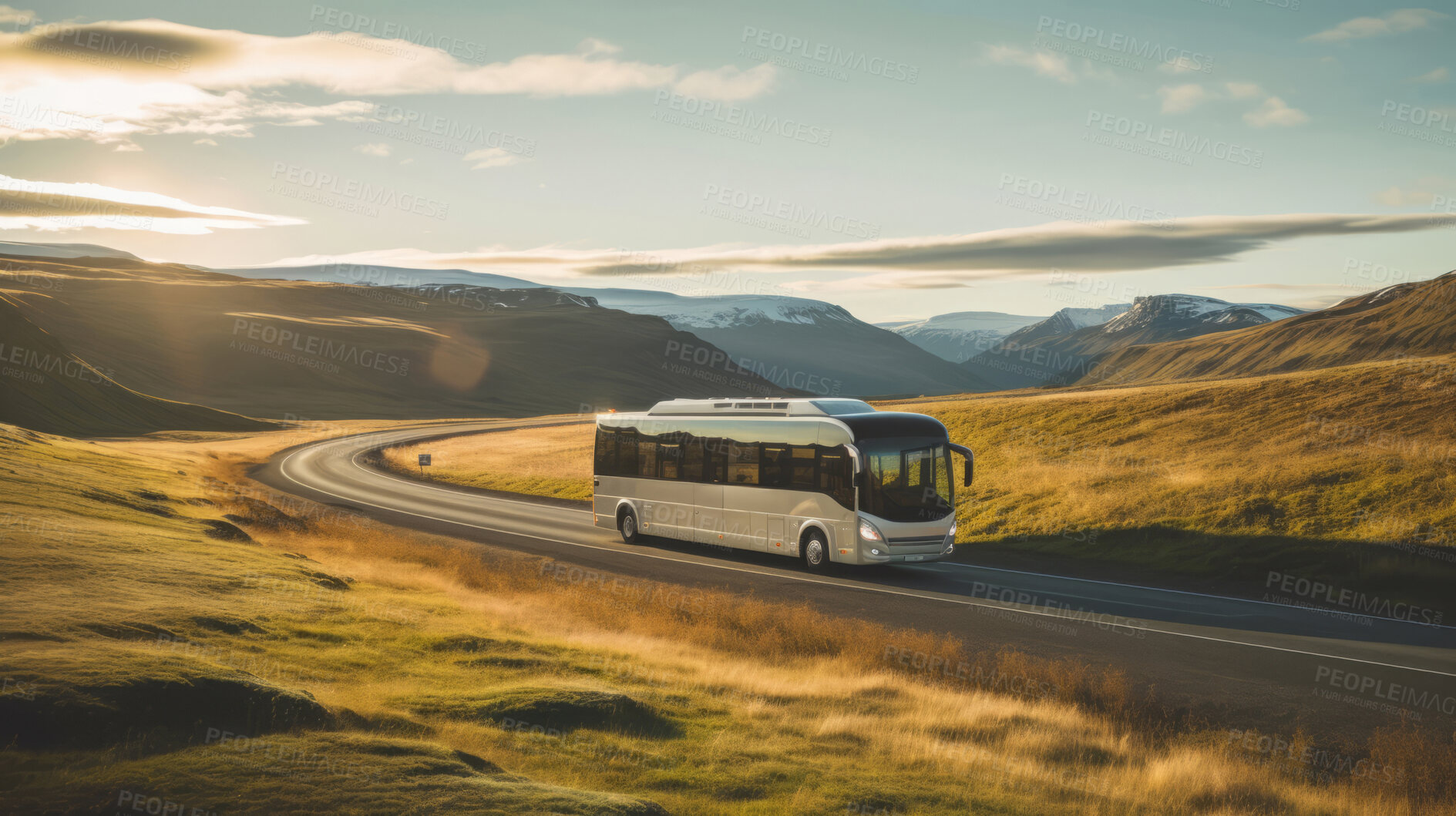 Buy stock photo Tourist bus seen travelling through Countryside. Travel concept.