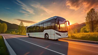Buy stock photo Tourist bus seen travelling through Countryside. Travel concept.