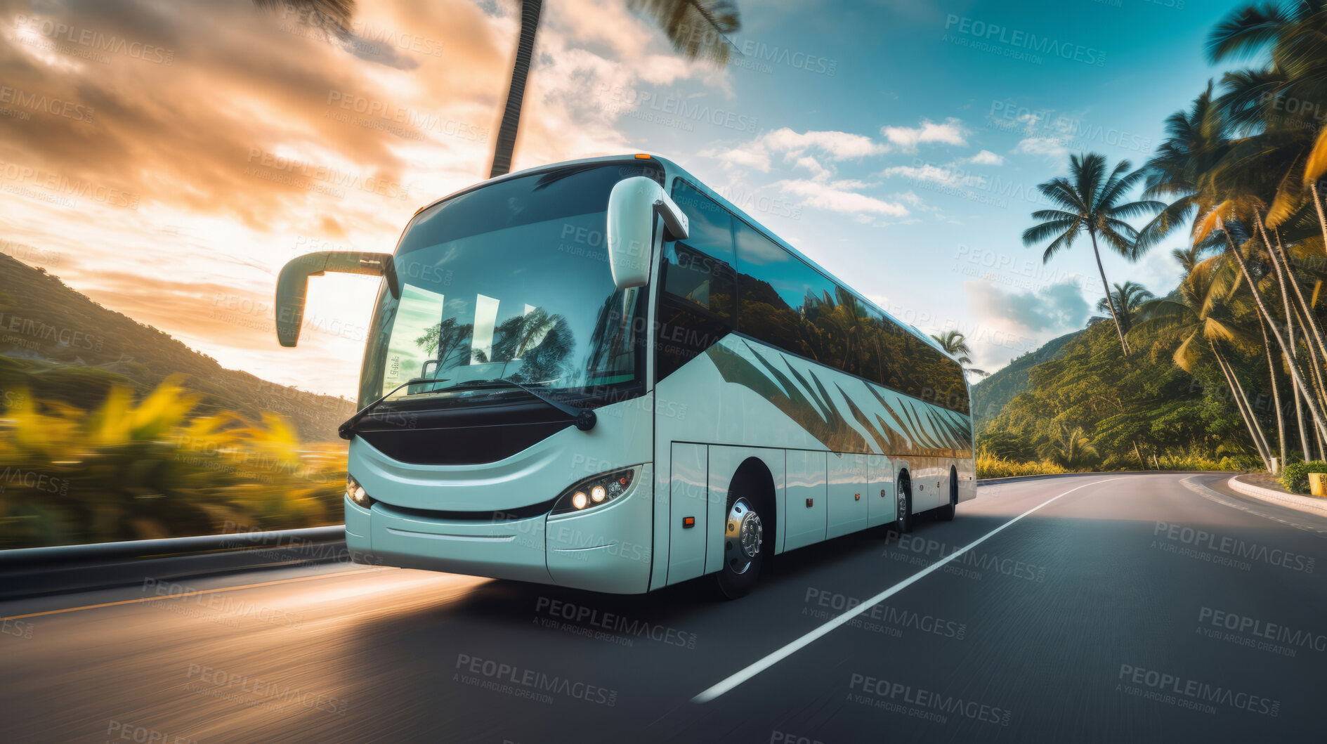 Buy stock photo Tourist bus seen travelling through scenic street. Lush green trees. Travel concept.