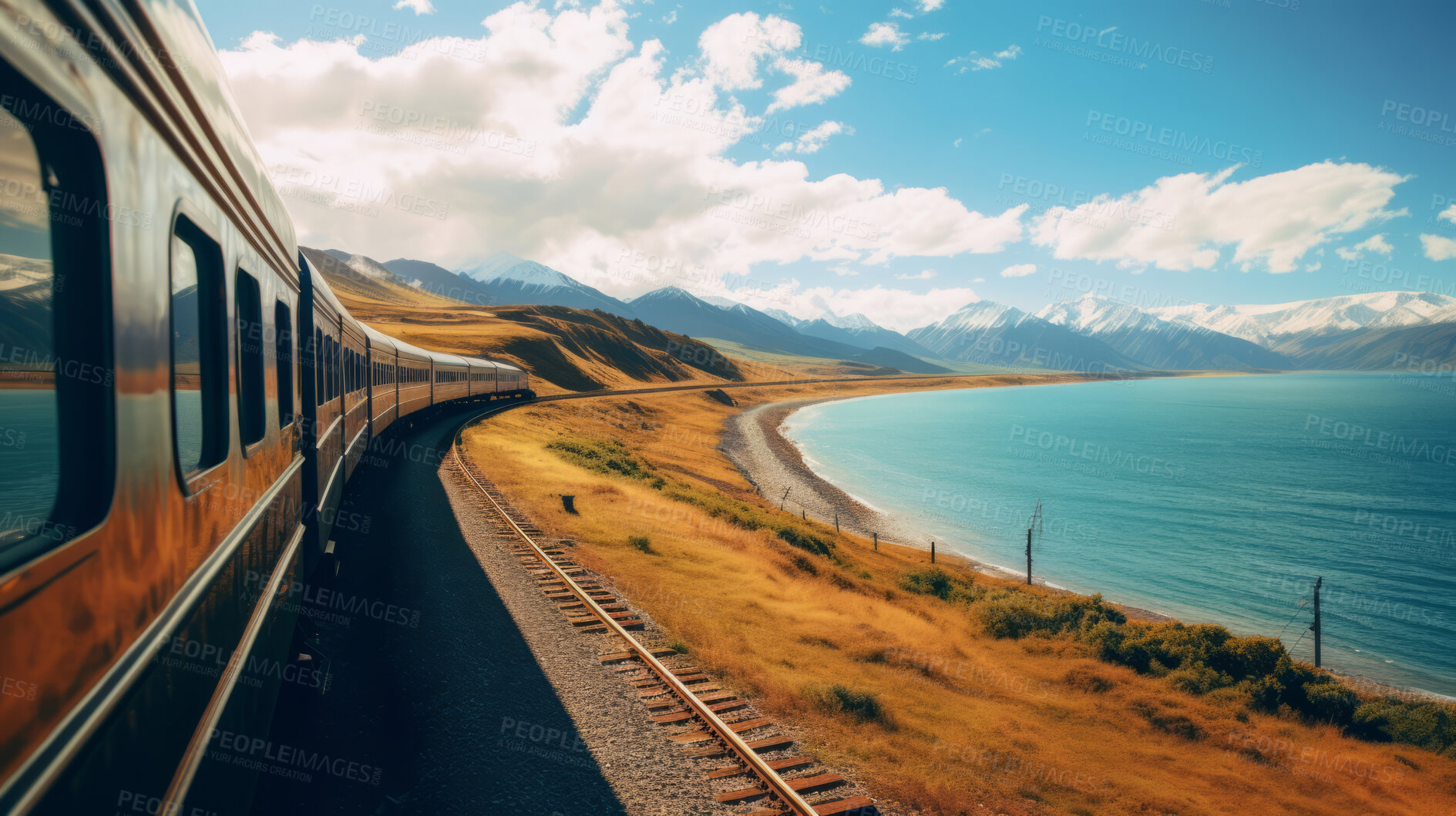 Buy stock photo Passenger train seen travelling through countryside. Beautiful nature. Travel concept.