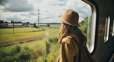 Anonymous woman looking out of window during train ride. Country side. Travel concept.