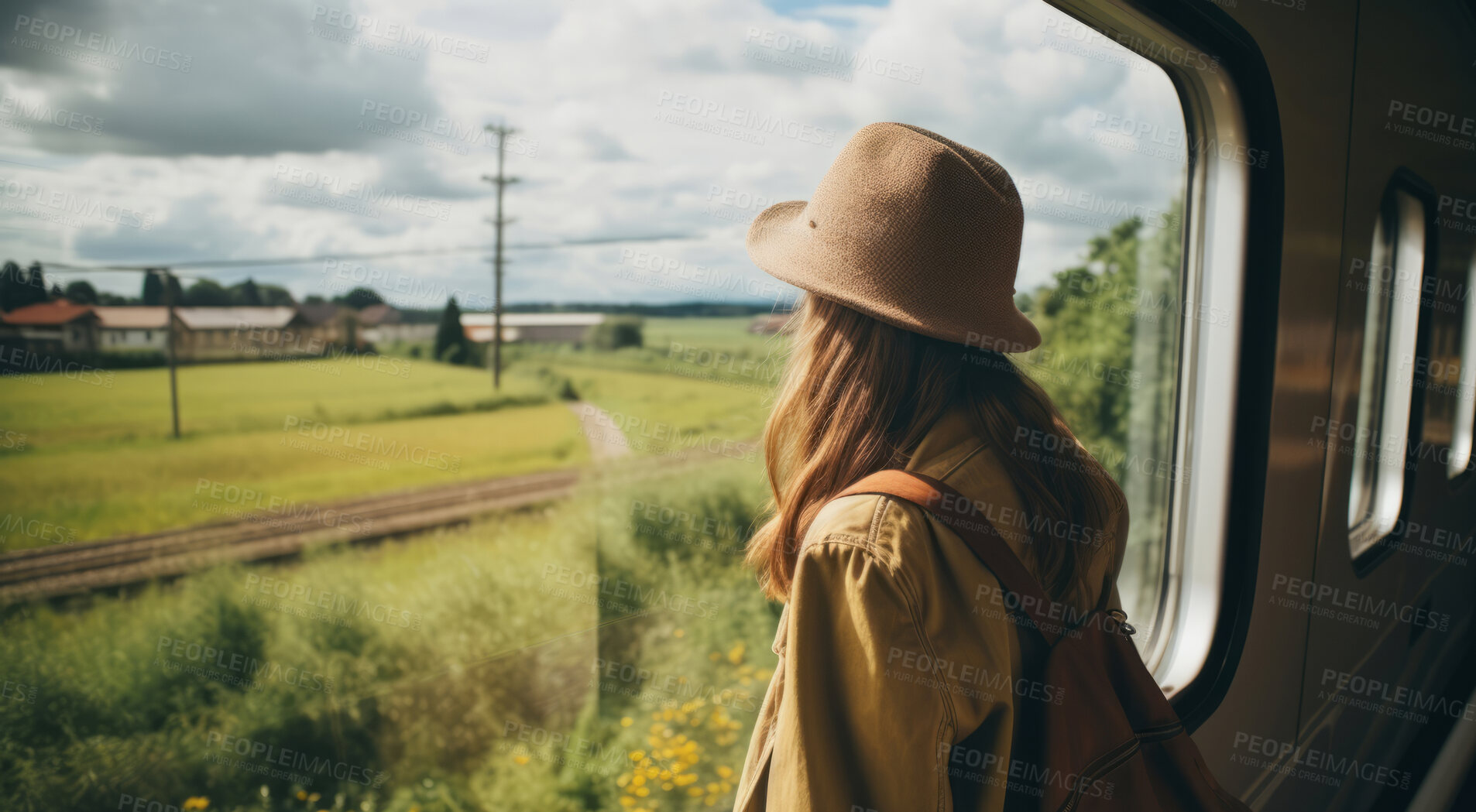 Buy stock photo Anonymous woman looking out of window during train ride. Country side. Travel concept.
