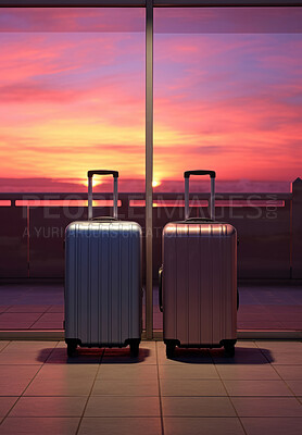 Buy stock photo Two suitcases in the airport departure. Lost luggage. Travel concept.