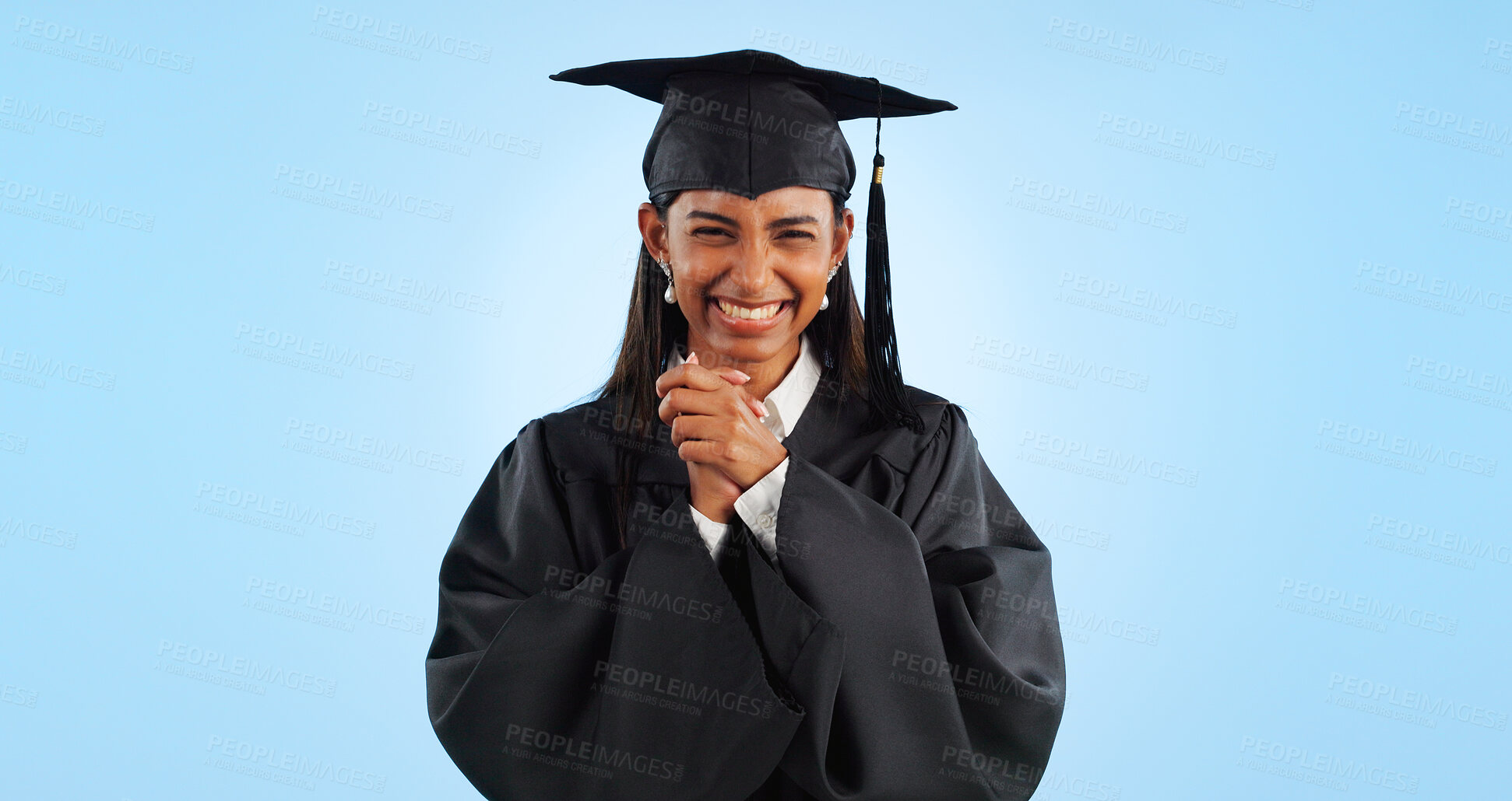 Buy stock photo Graduation, education success and woman in portrait for achievement in learning on blue background. Mockup space, celebration and university graduate, certified with pride and knowledge in studio