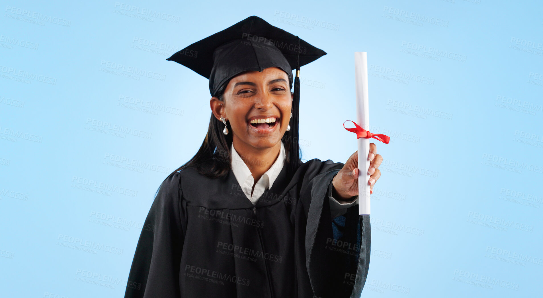 Buy stock photo Graduation, certificate and girl in studio portrait for pride, success or achievement by blue background. Graduate woman, diploma or excited for award, celebration or paperwork for future at college