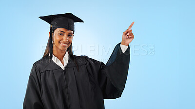 Graduate student, portrait or happy woman point at school direction, university ads or college learning, knowledge or academy. Mockup space, graduation studio or education decision on blue background