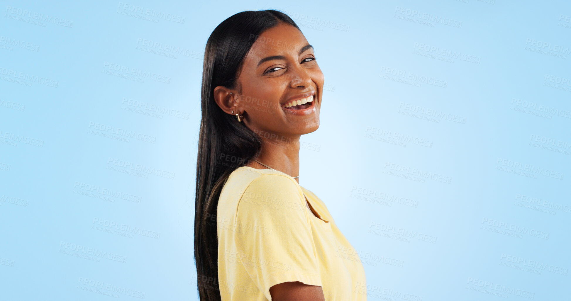 Buy stock photo Woman, happy and beauty portrait for student with confidence, gen z aesthetic and blue background. Indian person, face and smile in trendy fashion for cosmetics, make up and excited in studio mockup