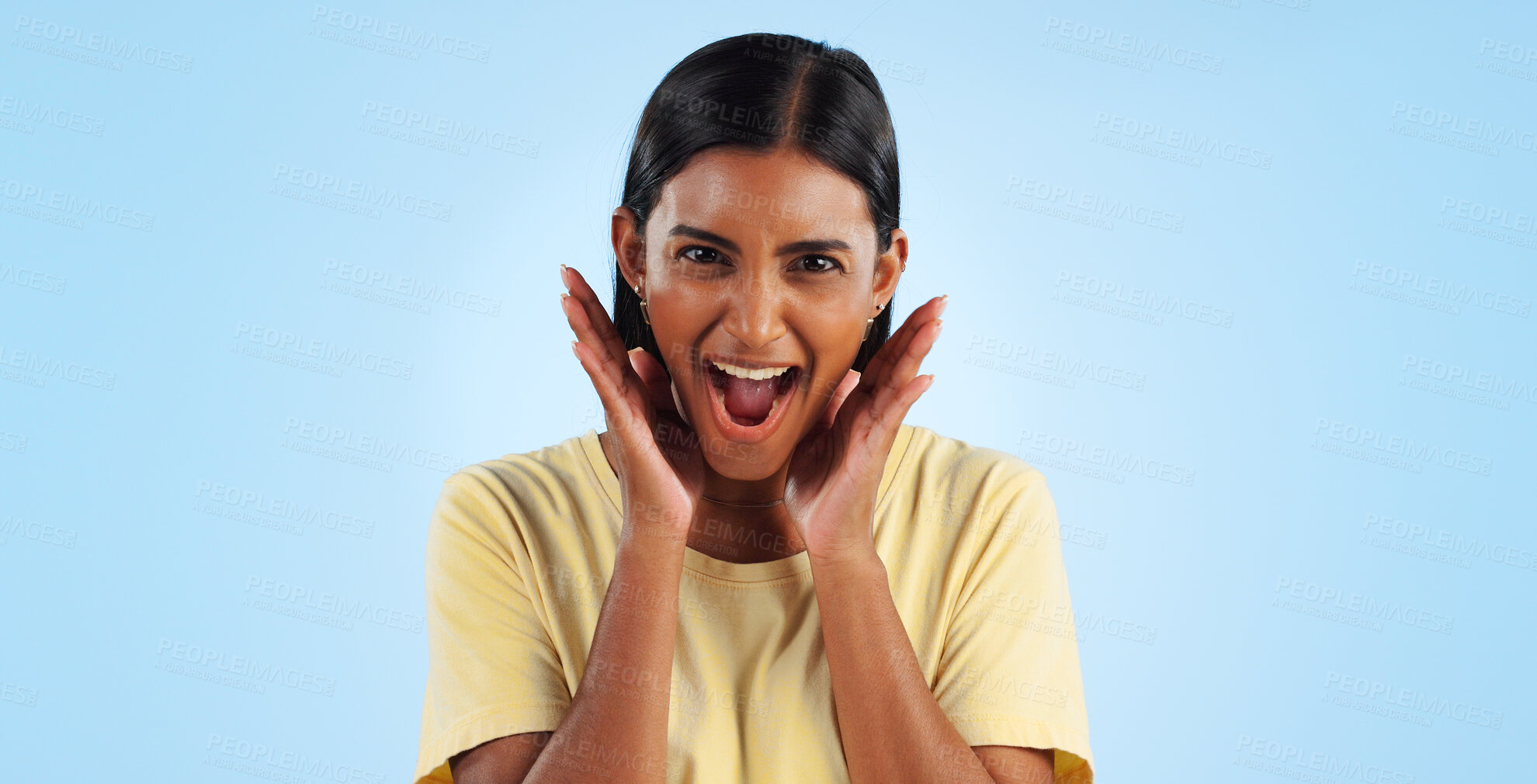 Buy stock photo Wow, portrait and woman or excited for surprise, winner or announcement in studio with mock up space. Indian, face or person with surprised expression for discount, sale or success on blue background