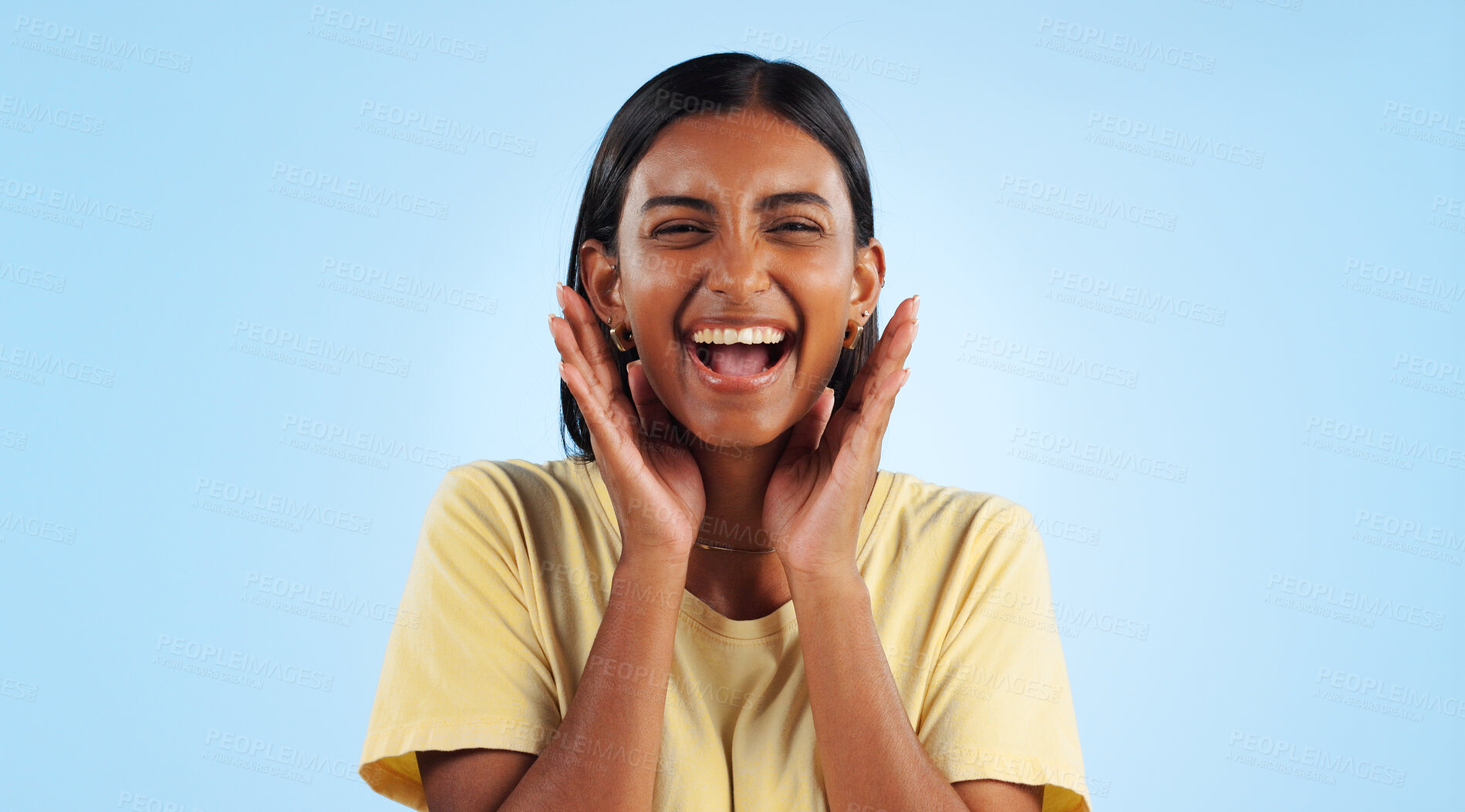 Buy stock photo Excited, woman and portrait with wow, surprise and winner with a smile in a studio. Blue background, happy and celebration with female person with motivation from announcement and achievement