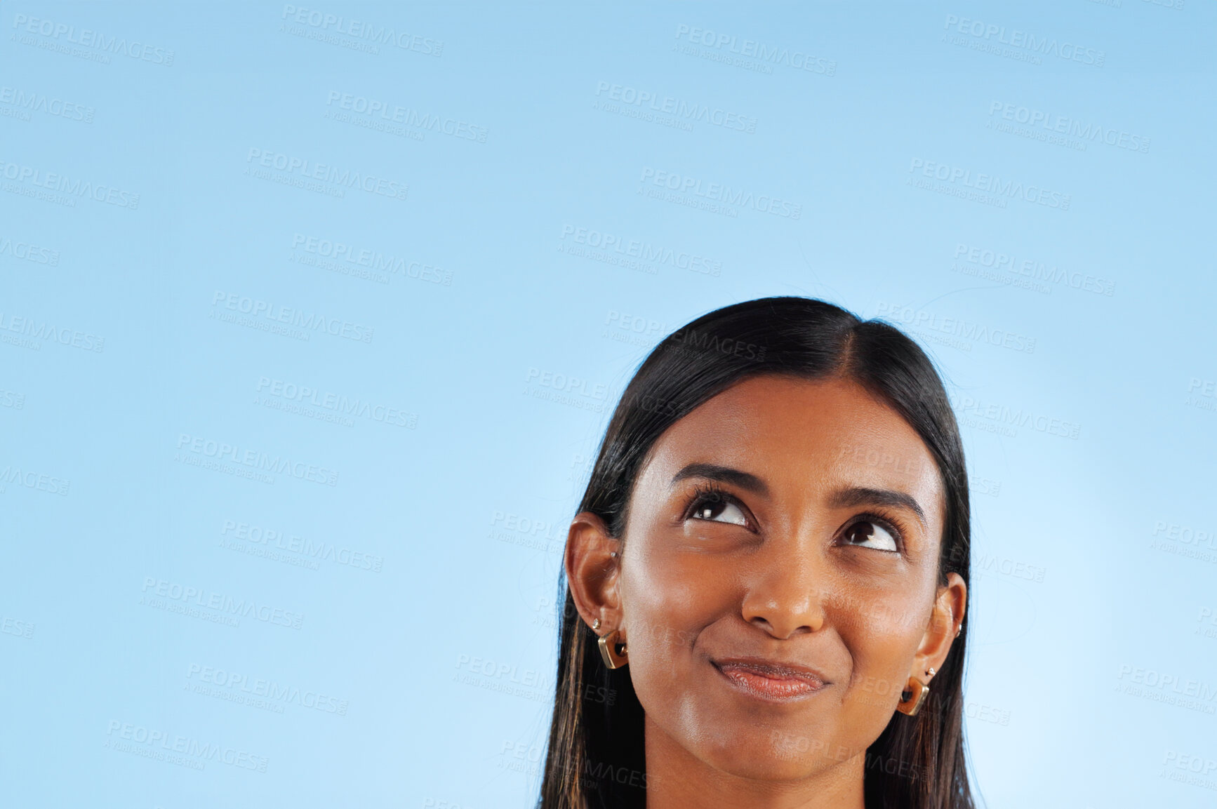 Buy stock photo Woman, thinking in studio and ideas for future with dream, inspiration and mockup space on blue background. Question, decision and problem solving, solution with brainstorming and mindfulness