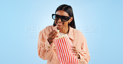 Buy stock photo Woman, comedy film and 3D glasses with popcorn, streaming and entertainment with vision on blue background. Cinema corn snack, funny movie with user experience, television and holographic in studio