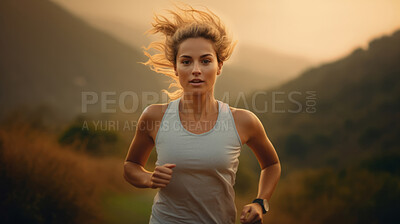 Shot of trail runner on mountain in sunset. Fitness, sport, runner Concept.