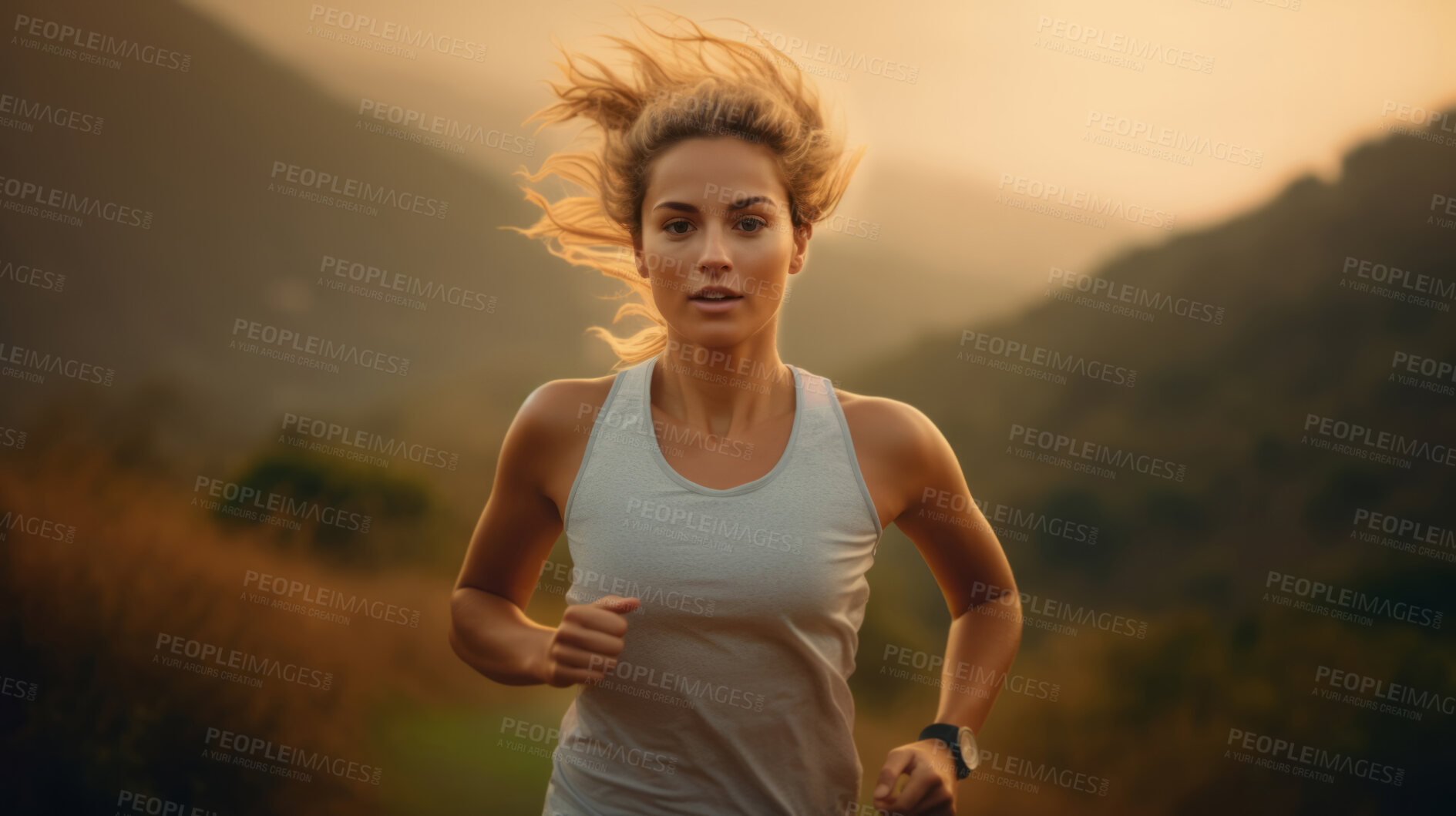 Buy stock photo Shot of trail runner on mountain in sunset. Fitness, sport, runner Concept.