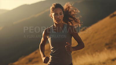 Contrasted shot of trail runner on mountain in sunset. Fitness, sport, runner Concept.