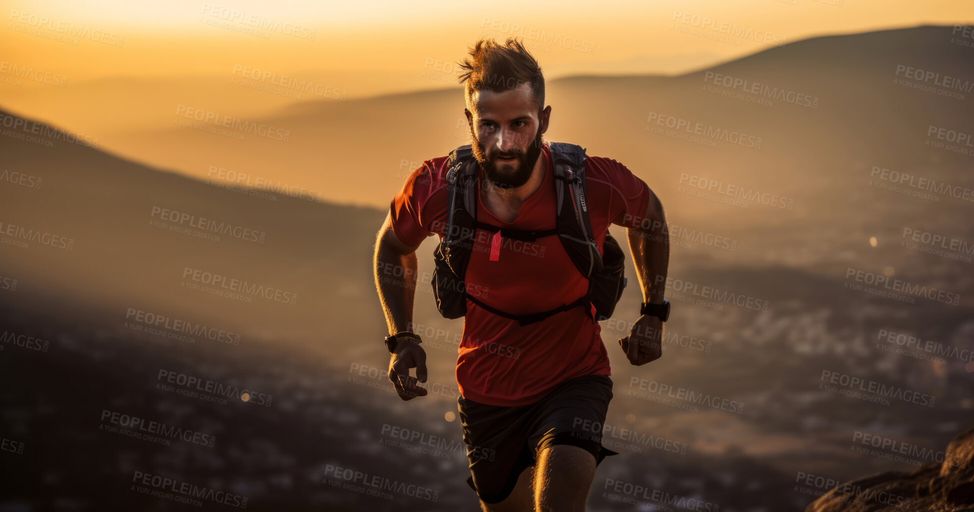 Buy stock photo Contrasted shot of trail runner on mountain in sunset.
Fitness, sport, runner Concept.