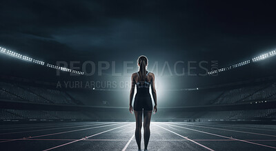 Editorial back view of woman standing on track at night. Fitness, runner Concept.