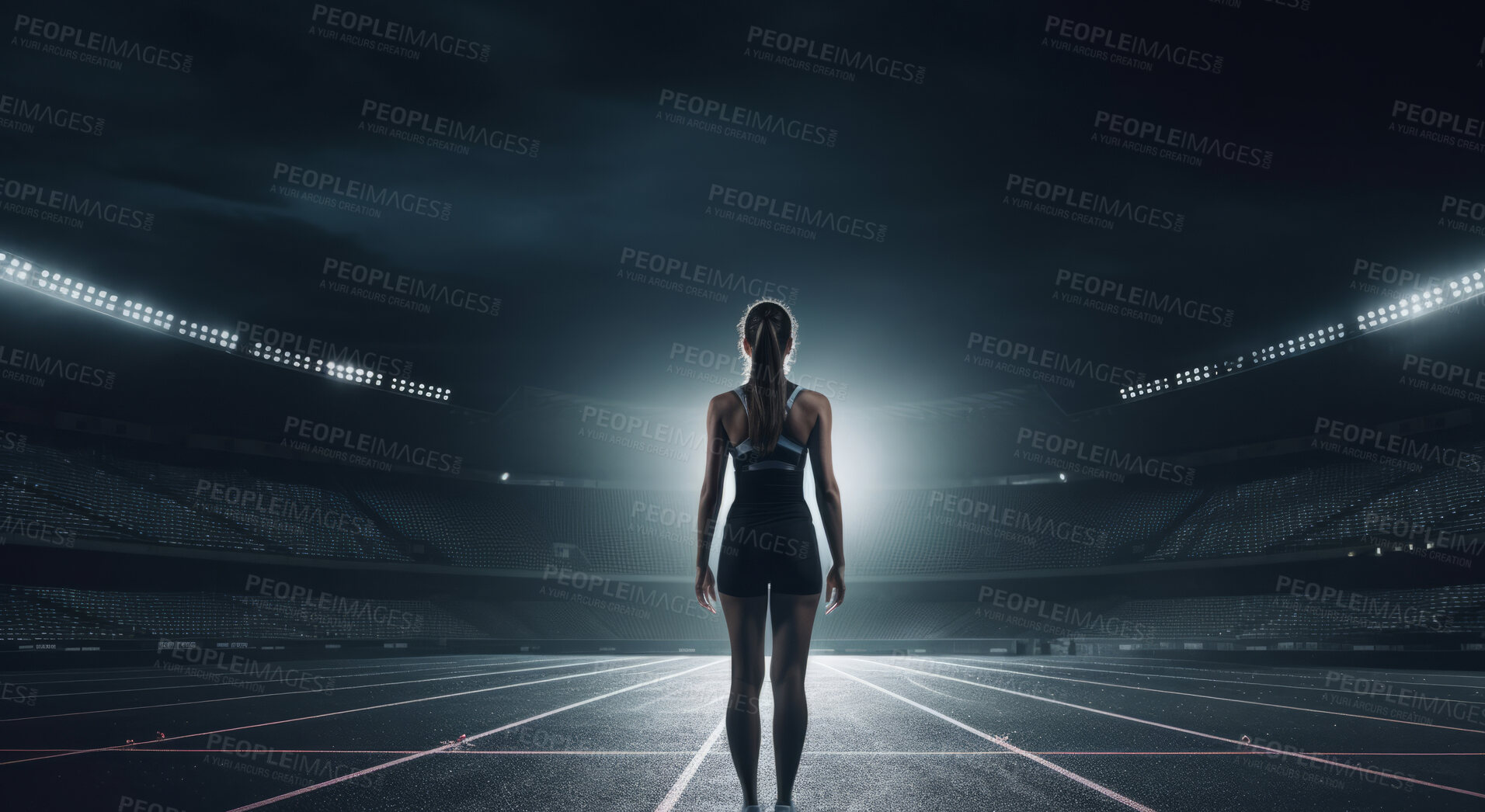 Buy stock photo Editorial back view of woman standing on track at night. Fitness, runner Concept.