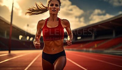 Shot of young, fit woman running on track. Fitness, sport, runner Concept.
