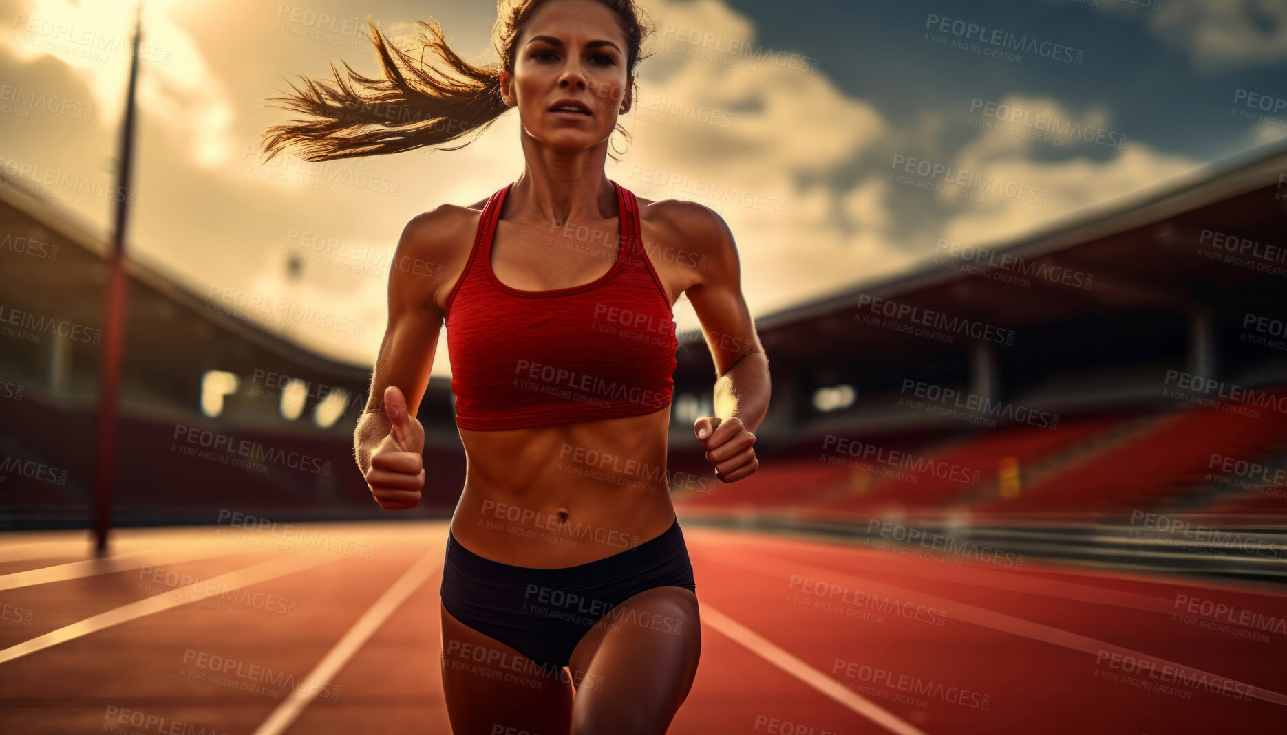 Buy stock photo Shot of young, fit woman running on track. Fitness, sport, runner Concept.