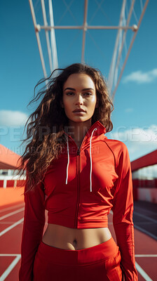 Editorial shot of fit woman posing on track. Fitness, sport Concept.