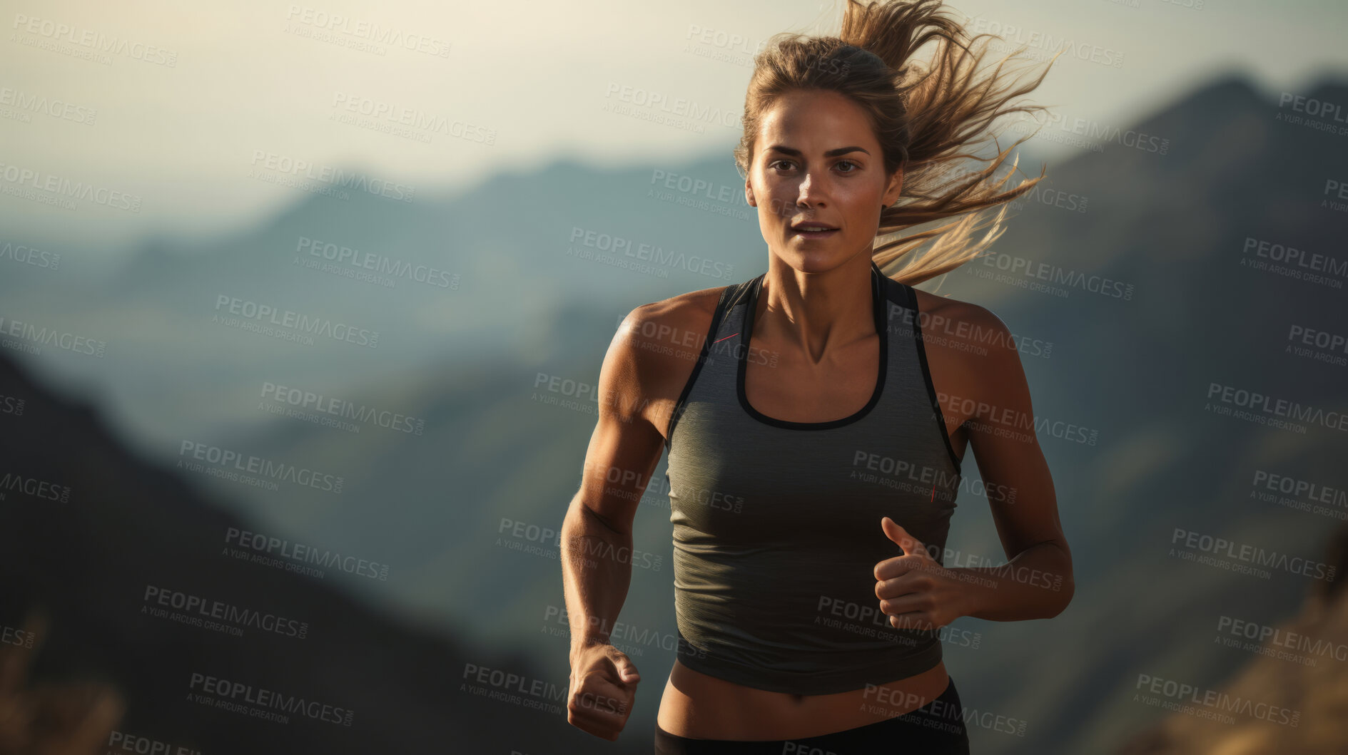 Buy stock photo Contrast shot of trail runner on mountain in sunset.
Fitness, sport, runner Concept.