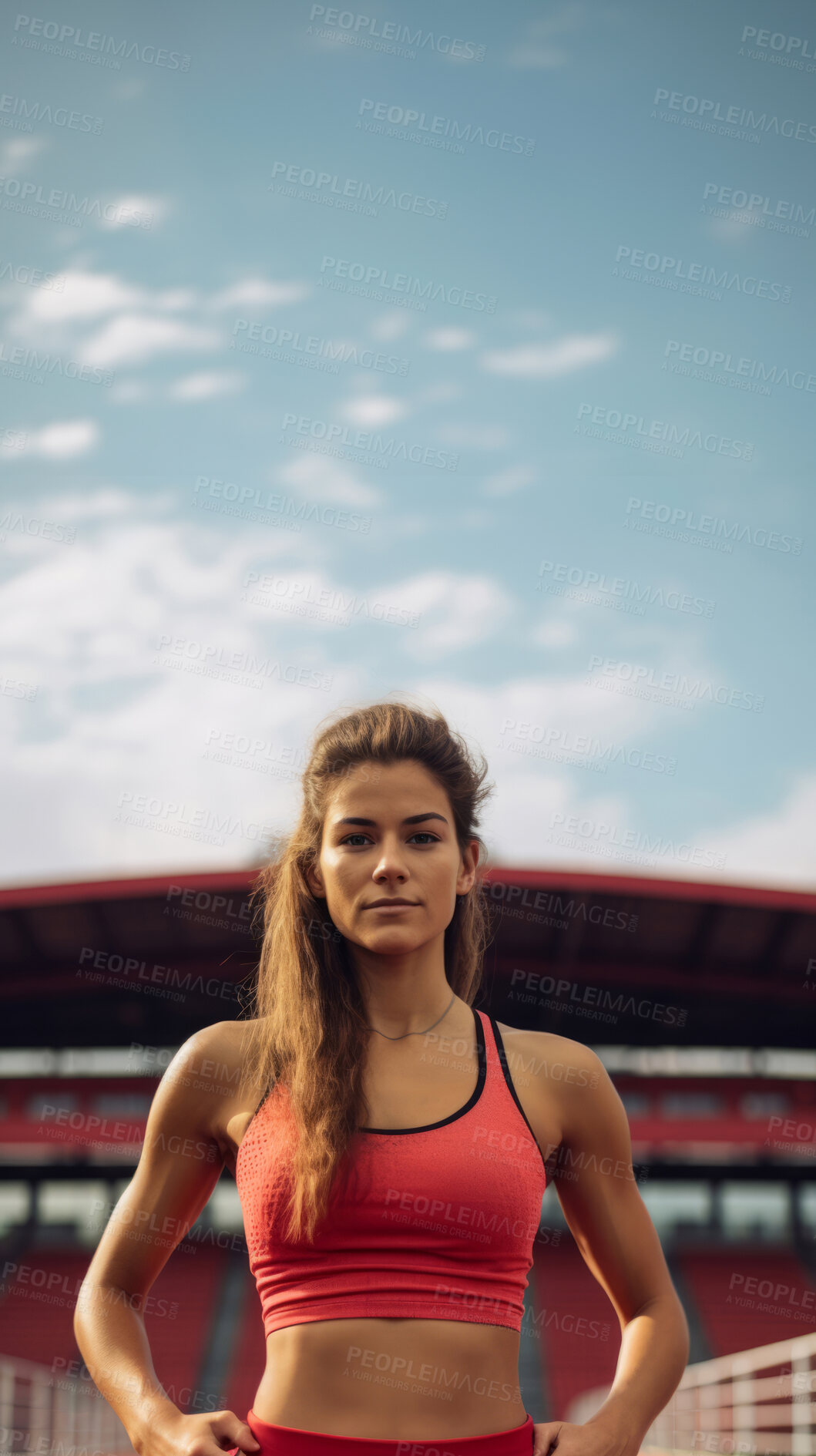 Buy stock photo Editorial shot of fit woman posing in stadium. Fitness, sport, runner Concept.