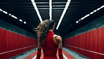 Editorial shot of fit woman standing in gym. Fitness, sport, runner Concept.