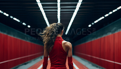 Editorial shot of fit woman standing in gym. Fitness, sport, runner Concept.