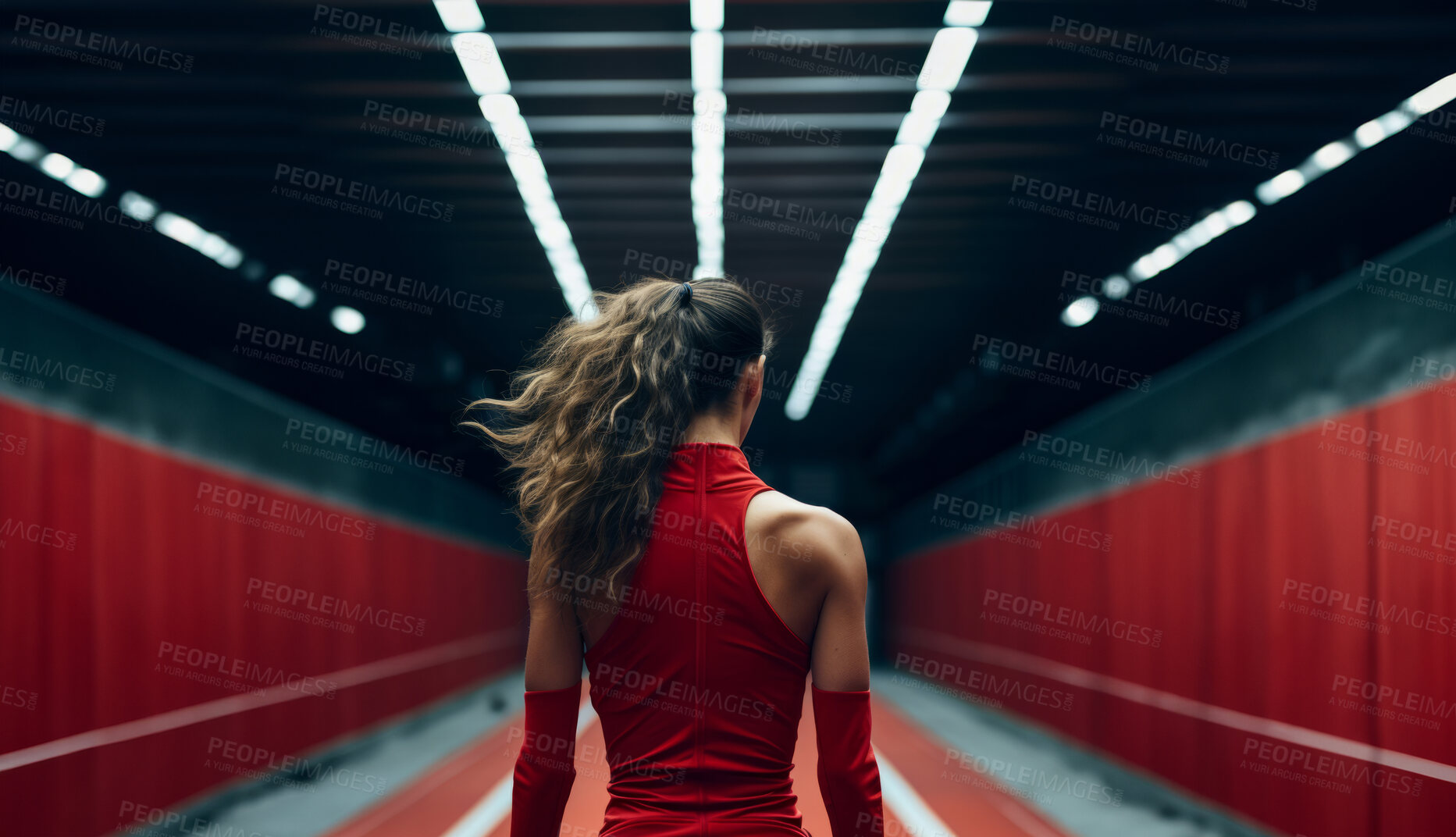 Buy stock photo Editorial shot of fit woman standing in gym. Fitness, sport, runner Concept.