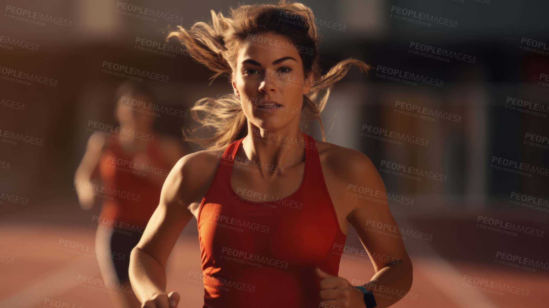 Buy stock photo Candid shot of young, fit woman running on track. Fitness, sport, runner Concept.