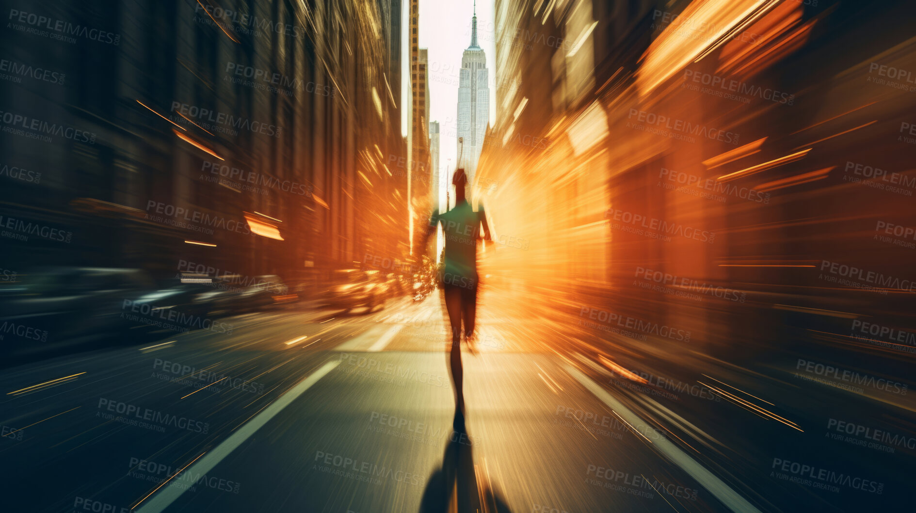 Buy stock photo Runner, running in city street. Double exposure. Morning mist. Light effects. Fitness concept.