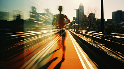 Runner, running in city street. Double exposure. Morning mist. Light effects. Fitness concept.