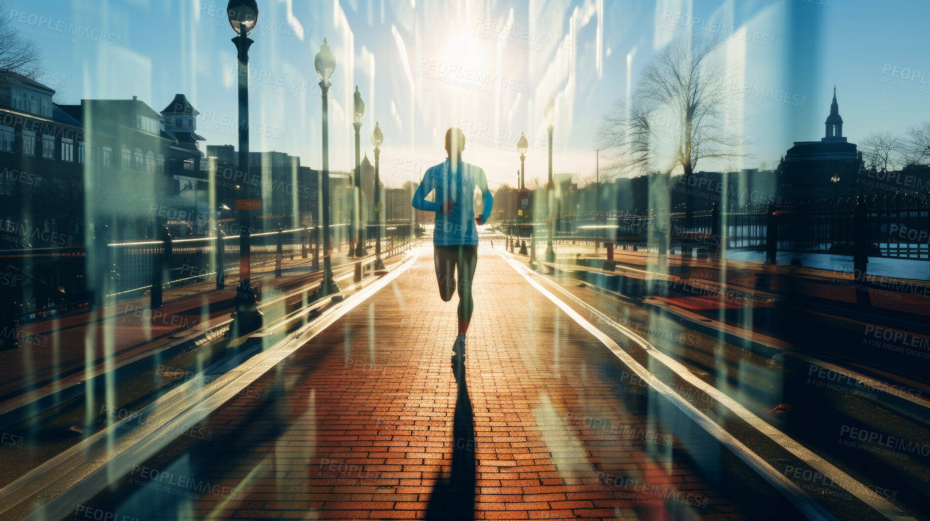 Buy stock photo Runner, running in city street. Double exposure. Morning mist. Light effects. Fitness concept