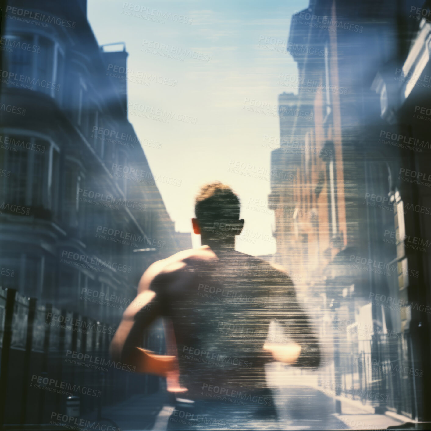 Buy stock photo Back view of runner, running in city street. Morning mist. Light effects. Fitness concept.