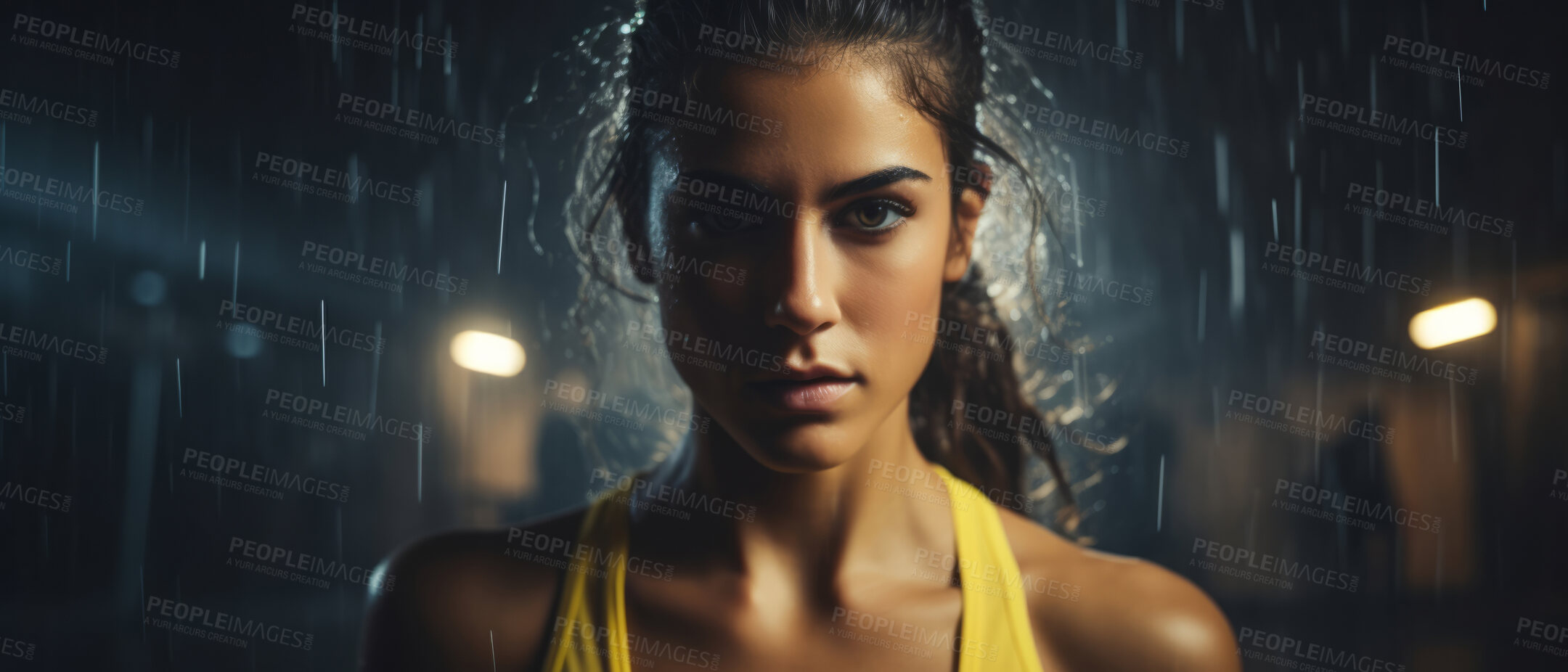 Buy stock photo Portrait of fitness woman posing in rain. Dynamic light. Fitness concept.