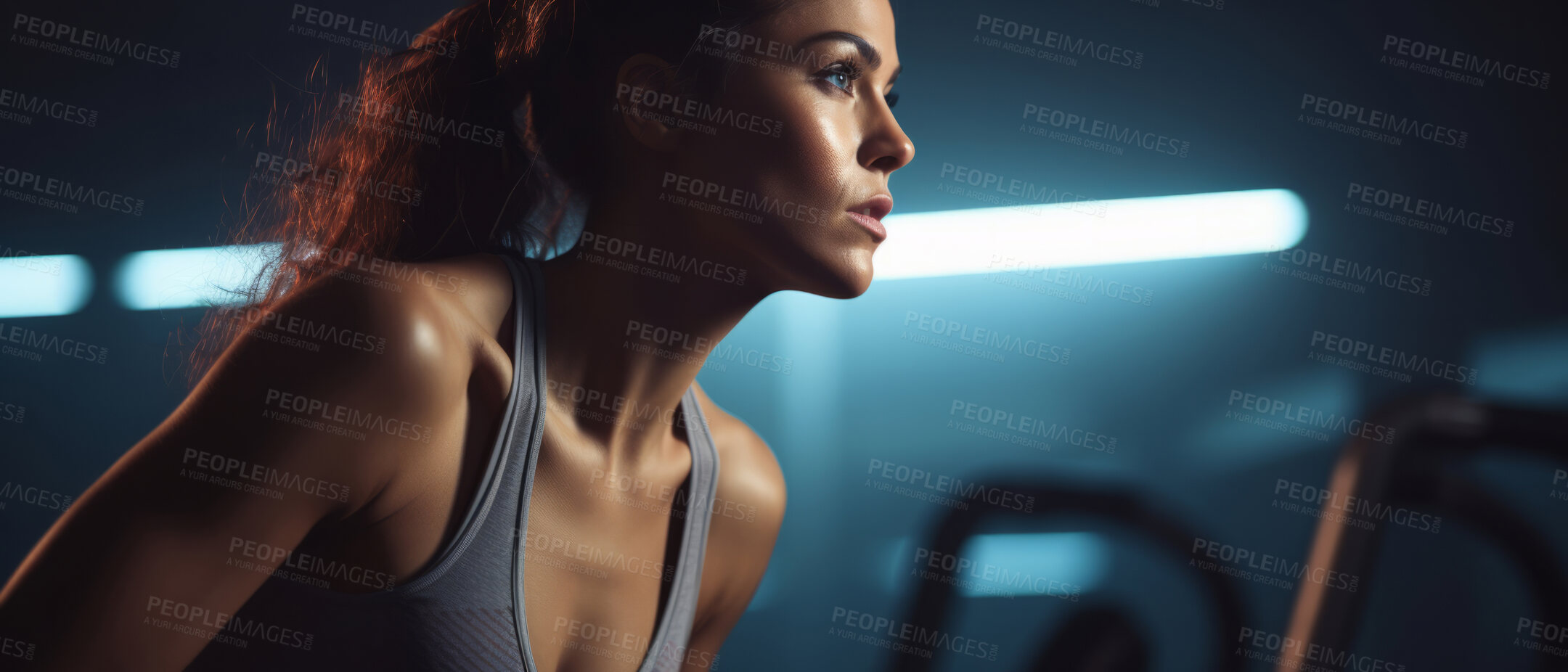 Buy stock photo Candid shot of fitness woman in gym. Dynamic light. Fitness concept.