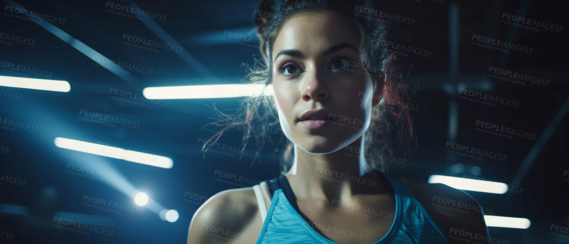 Buy stock photo Candid shot of fitness woman in gym. Dynamic light. Fitness concept.