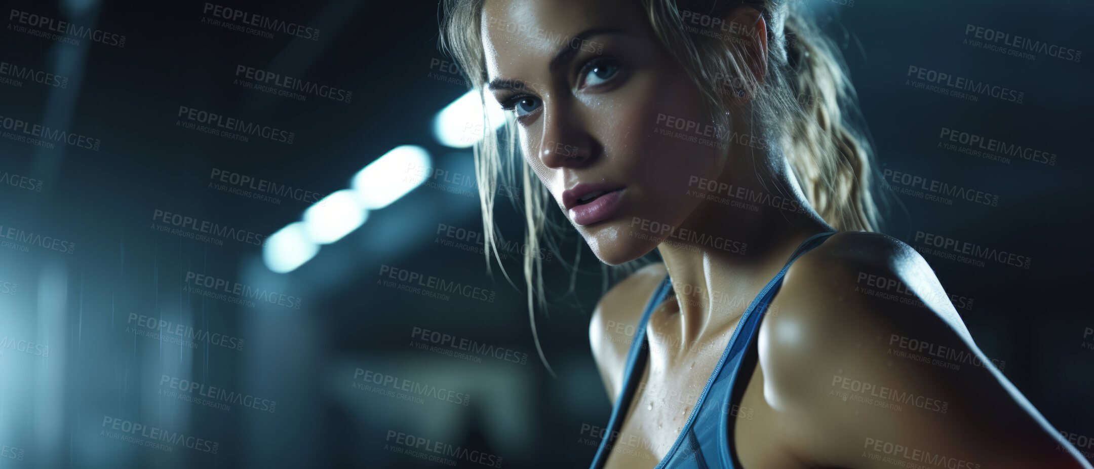 Buy stock photo Portrait of fitness woman posing in gym. Dynamic light. Fitness concept.
