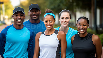 Group portrait of happy young fitness group in urban road. Fitness, sport, runner Concept.