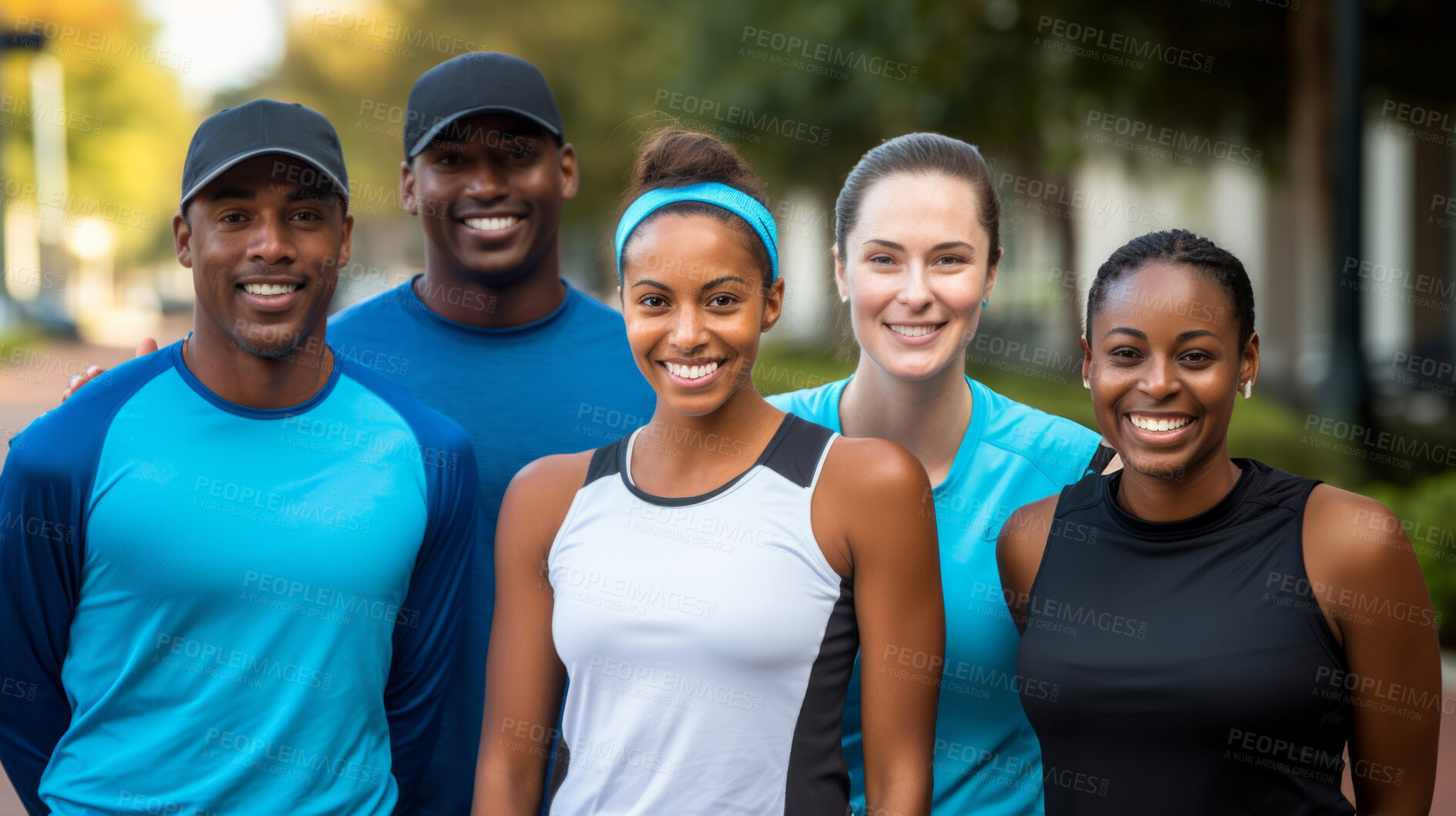 Buy stock photo Group portrait of happy young fitness group in urban road. Fitness, sport, runner Concept.