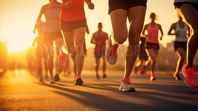Buy stock photo Journalistic shot of marathon. Low angle shot in sunset. Fitness concept.
