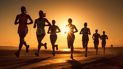 Buy stock photo Journalistic silhouette shot of marathon. Low angle shot in sunset. Fitness concept.