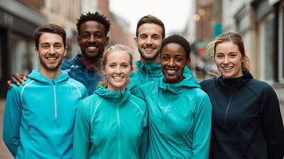 Group portrait of happy young fitness group in urban road. Fitness, sport, runner Concept.