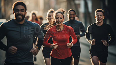 Candid shot of happy young group running in urban road. Fitness, sport, runner Concept.