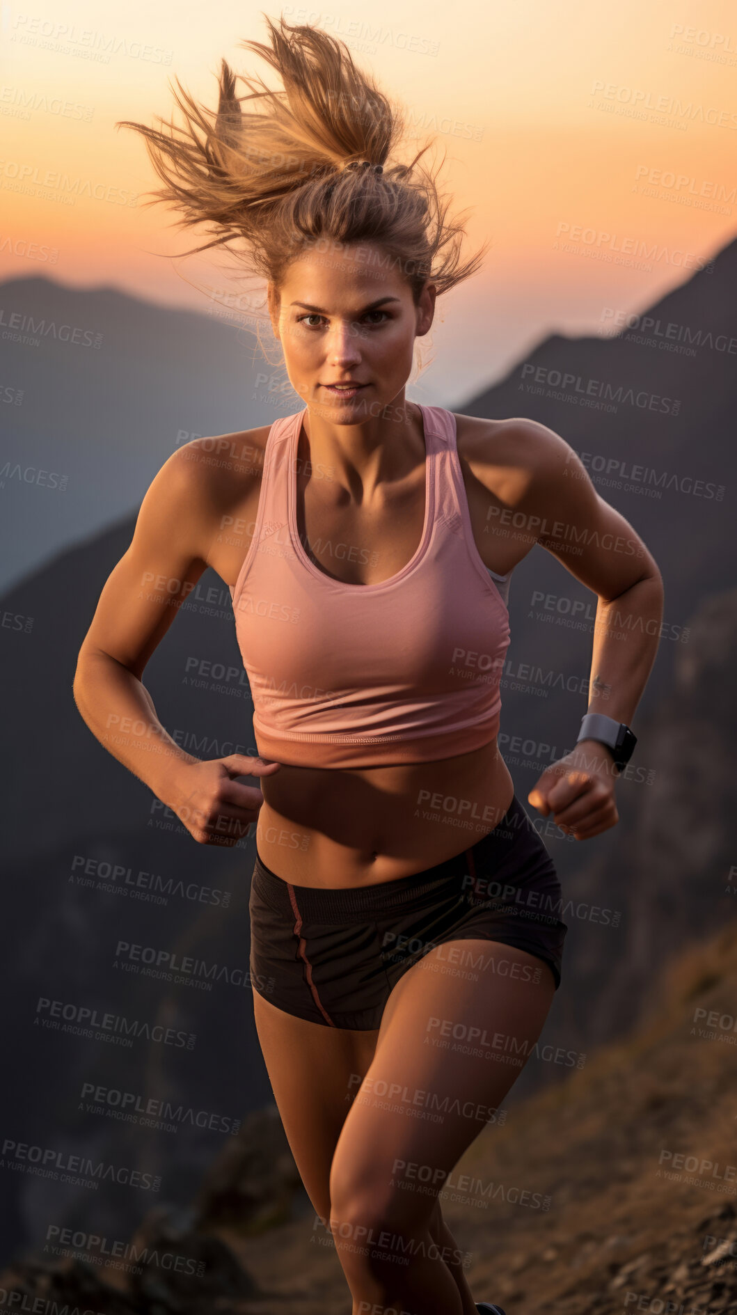 Buy stock photo Contrast shot of trail runner on mountain in sunset.
Fitness, sport, runner Concept.