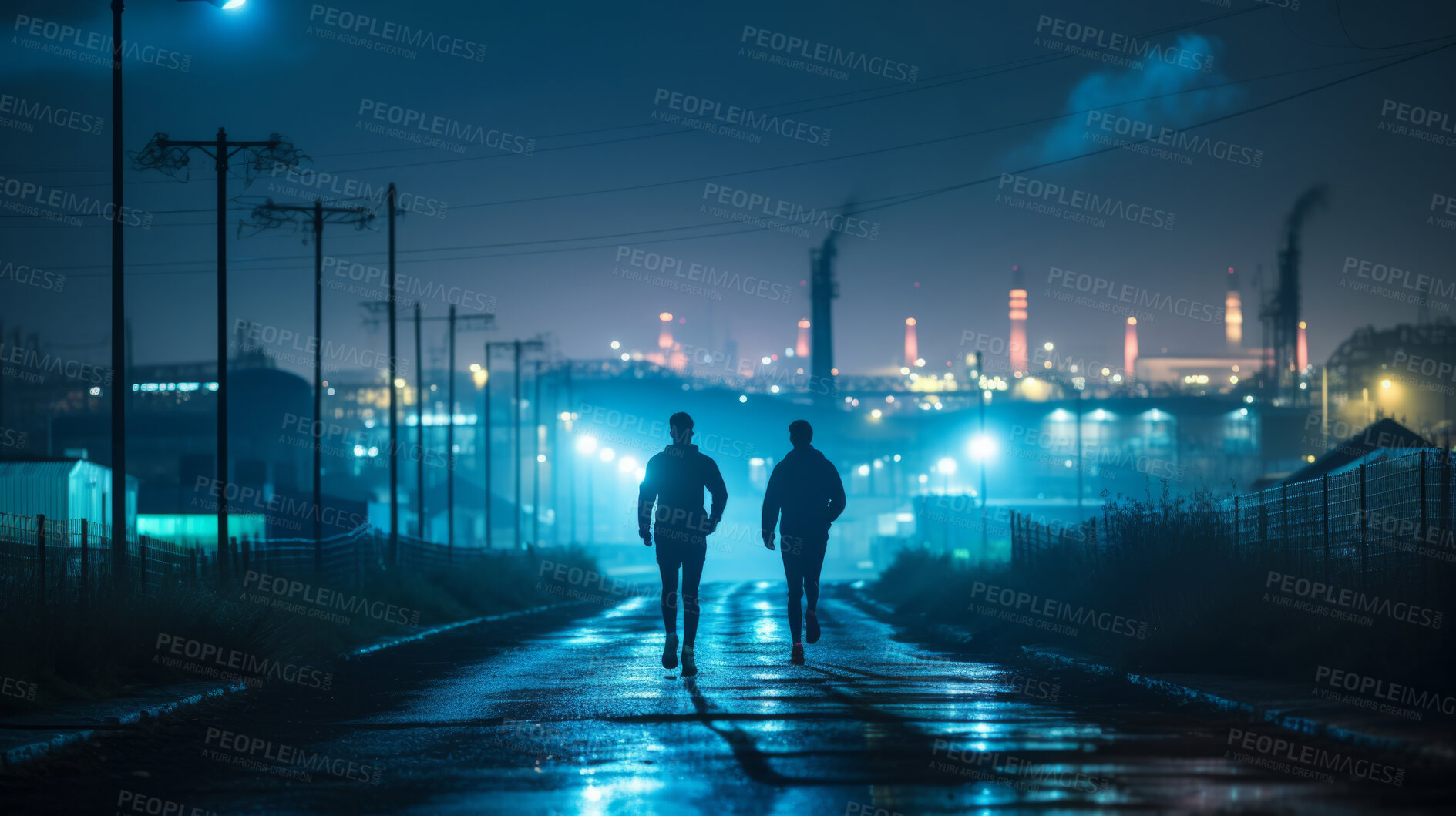 Buy stock photo Silhouette of two runners in urban street in early morning. Fitness concept.