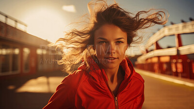 Portrait of young, fit woman running in urban road. Fitness, sport, runner Concept.